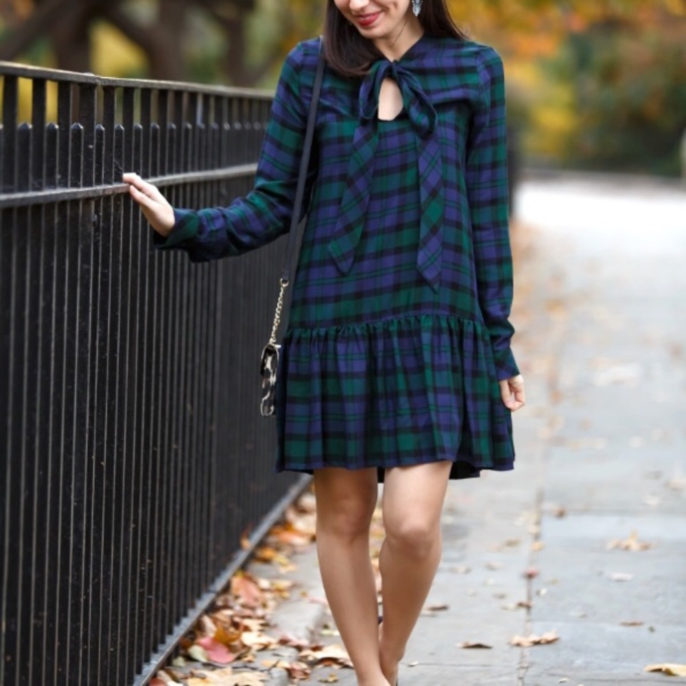 Zara Plaid Bow Tie Neck Tartan Drop Waist Dress